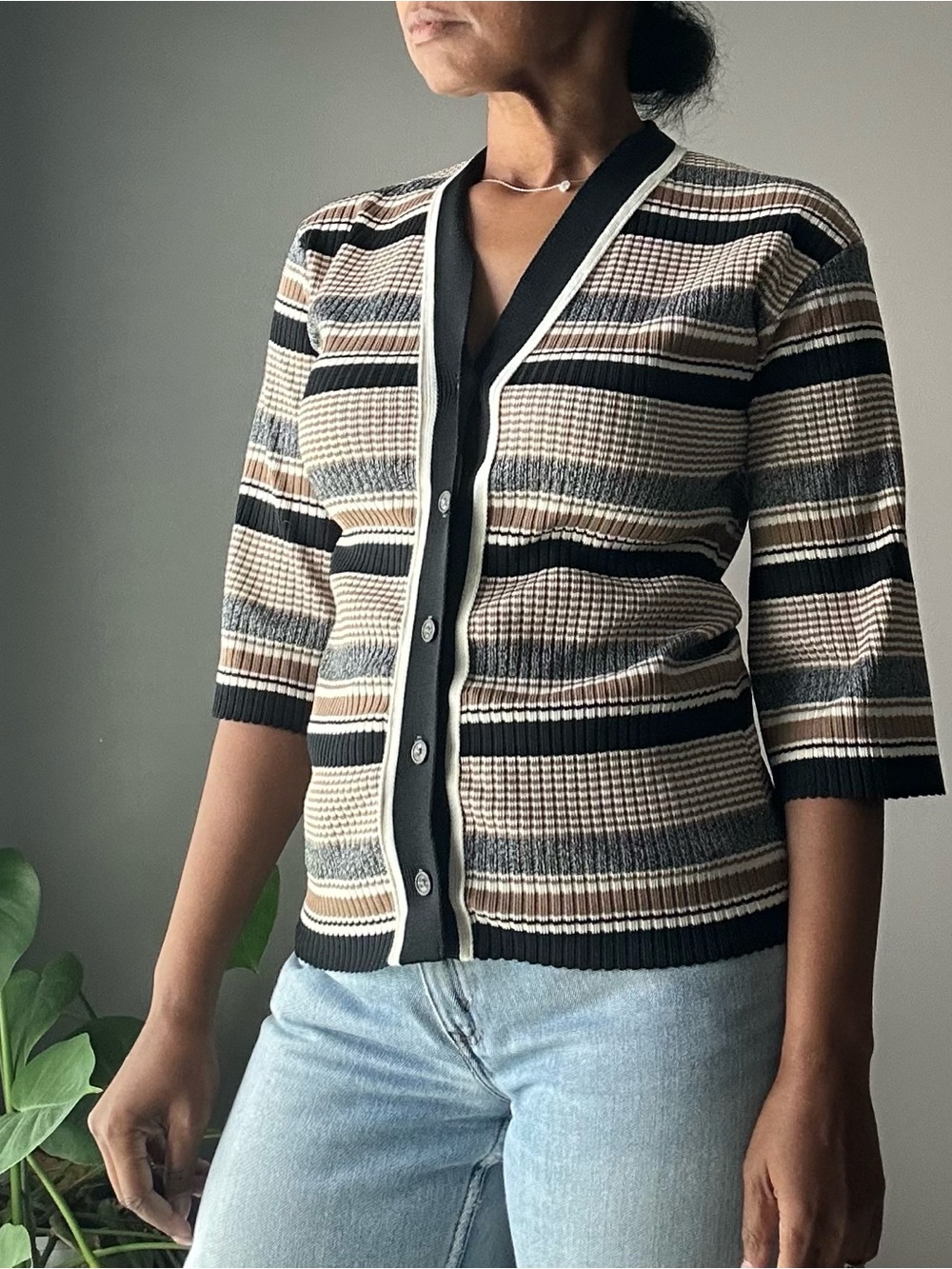 Vintage Button Up Ribbed Blouse Top Womens Medium Striped Black Cream Tan V-Neck